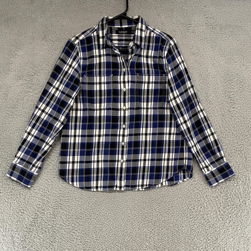 Lauren Ralph Lauren Shirt Womens Petites L Plaid Button Up Blue Cotton